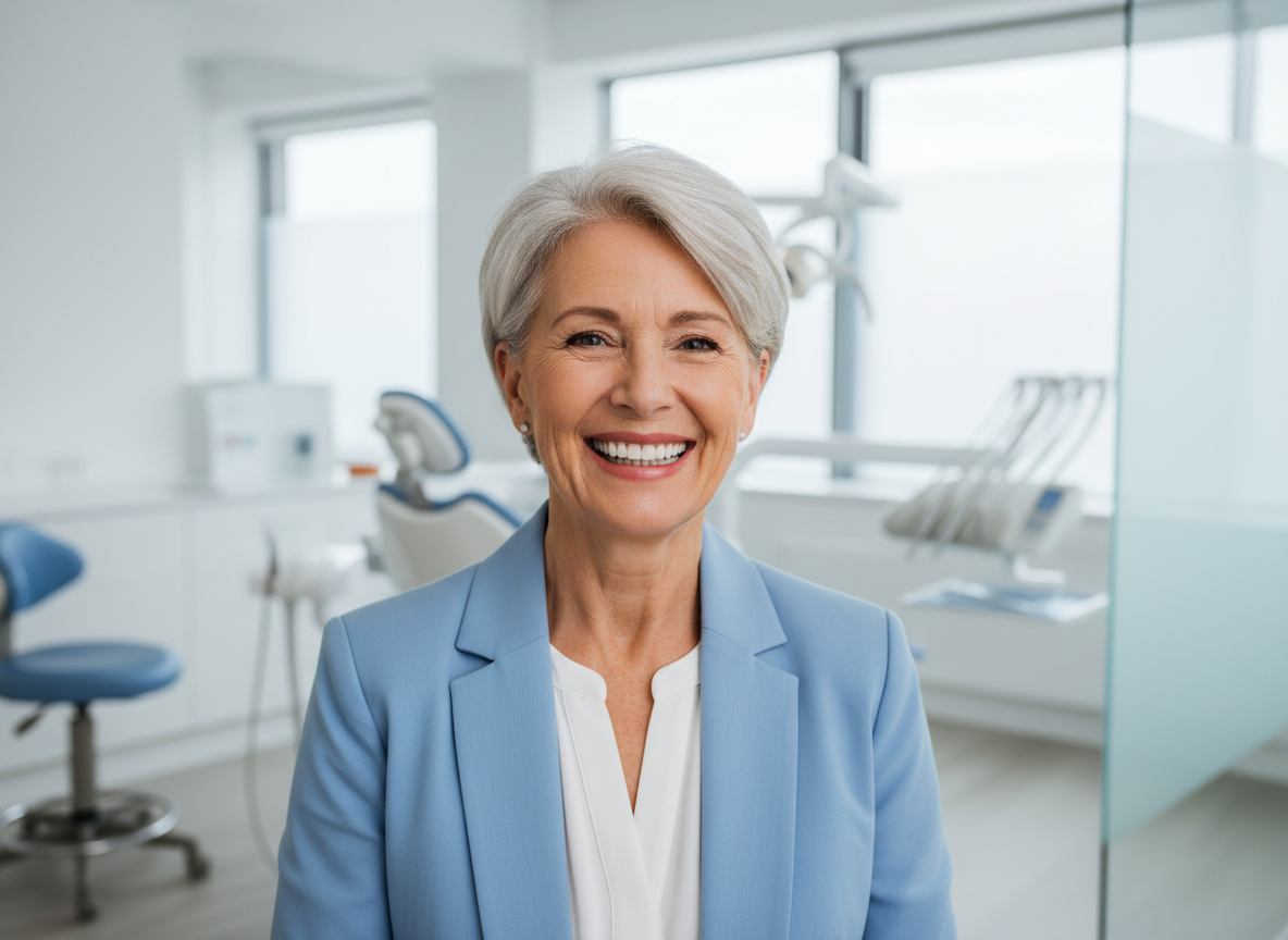 Calm, professional photo of a smiling older adult with a natural-looking full denture, in a bright modern dental clinic, white and soft blue tones