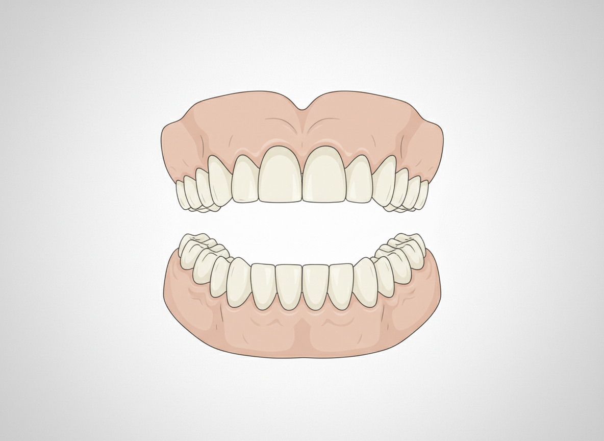 Clean, minimal illustration of a full upper and lower denture set, in neutral colors, on a light background, medical style