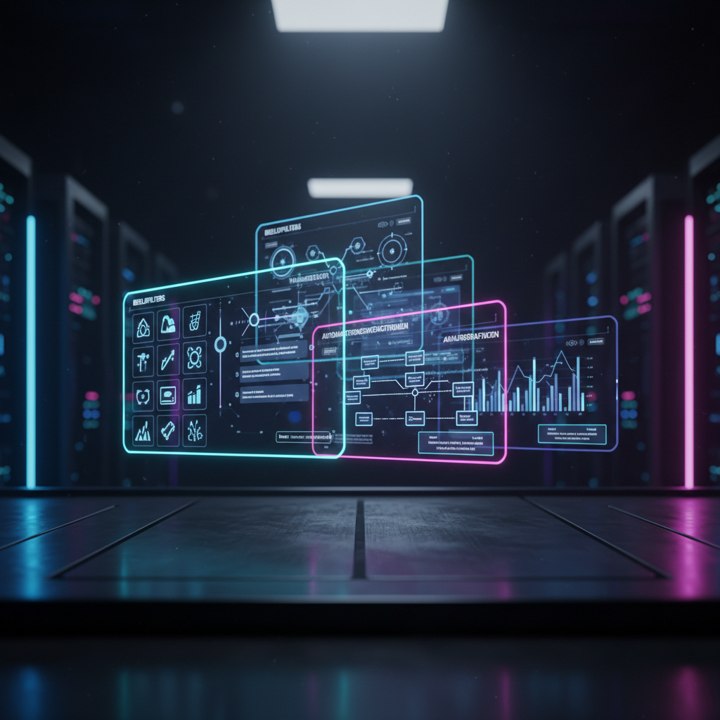 A cluster of floating, semi-transparent holographic panels hovering above a dark brushed-metal surface, each panel displaying different AI tools: image filters, language models, automation workflows, and analytics graphs in Dutch interface text. Thin neon edges in cyan and magenta wrap each panel, casting soft colored reflections on the metal below. The environment is a dim, ultra-modern tech lab with abstract server racks blurred in the distance. Directional rim lighting from both sides emphasizes the holograms’ edges, while a faint overhead glow adds clarity. Captured from a slightly low angle with a cinematic, wide-angle lens and photographic realism, the atmosphere feels exclusive, high-tech, and subscription-worthy, hinting at premium generative AI features.