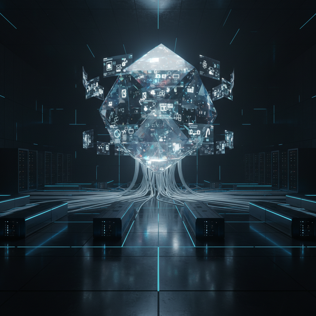 A massive, central, crystalline AI core suspended in a dark, minimalist data hall, its facets displaying tiny, dynamic panels of various AI tools and filters. Fiber-optic-like strands in white and cyan flow from the core into sleek, low-profile server modules arranged symmetrically below. A cool, diffused overhead light bathes the scene, while subtle accent lights in deep blue create depth and contrast, forming soft reflections on the polished floor. Captured from a wide, slightly elevated angle in photographic realism, the composition emphasizes scale and symmetry. The atmosphere feels powerful, secure, and professional, visualizing a next-generation AI subscription backbone powering generative experiences for multiple generations.