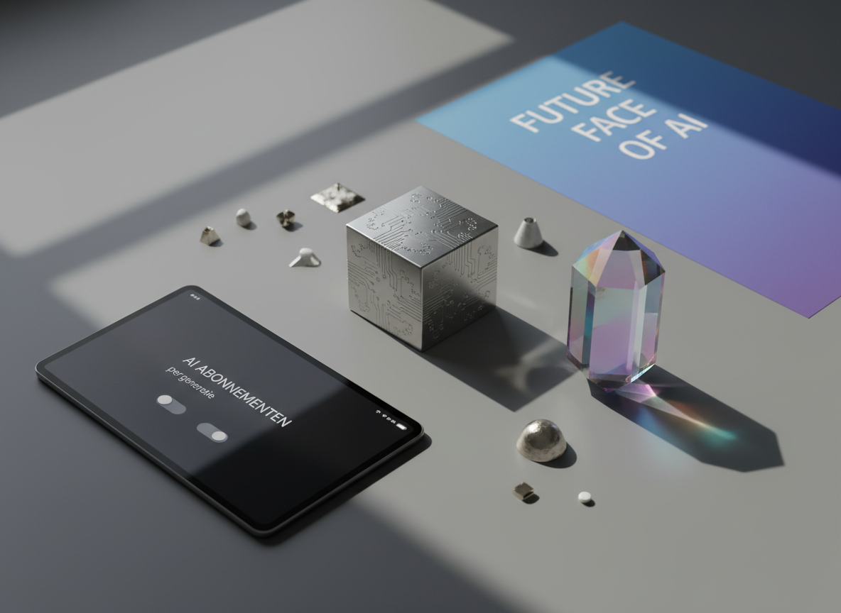 A precisely arranged flat lay of AI tool icons represented as physical objects on a smooth, slate-gray surface. A metallic cube with etched circuits symbolizes automation, a crystal prism with shifting colors represents generative filters, and a glossy obsidian tablet shows a clean interface with toggles for AI subscriptions "per generatie" in Dutch. Soft, diffused daylight from the left creates gentle shadows and subtle highlights along the objects’ edges. In the blurred background, a faint gradient poster reads "Future Face of AI" in minimalist typography. Shot from a top-down, bird’s-eye view with sharp focus and photographic realism, the composition is balanced, modern, and professional, evoking clarity and curated discovery of must-try AI tools.