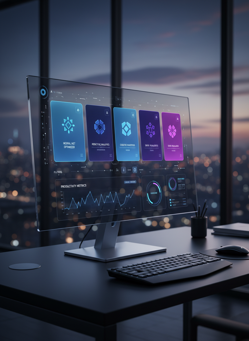 A sleek, futuristic AI dashboard interface displayed on an ultra-thin, frameless glass monitor resting on a matte black desk. The UI shows glowing cards of different AI tools, filters, and analytics in cool blues and electric purples, with crisp icons and subtle animations frozen mid-frame. The background reveals a minimal, high-end workspace with a blurred city skyline at dusk beyond a large window. Soft, cool-toned studio lighting mixes with faint city glow, creating clean reflections on the glass monitor. Shot at eye level with a slight three-quarter angle, shallow depth of field, and photographic realism, the mood is professional, visionary, and cutting-edge, perfectly capturing the future face of AI productivity.