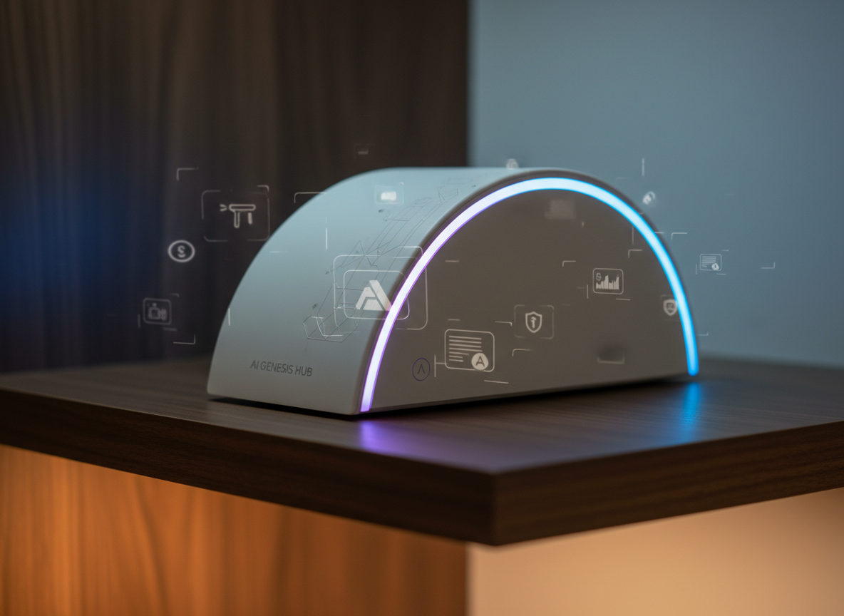 A highly detailed, photorealistic close-up of a matte-white, curved AI assistant device resting on a dark walnut shelf, its surface etched with subtle geometric patterns. A thin, continuous LED ring glows in cool blue and soft violet, indicating active generative features. Around the device, small translucent icons of filters, charts, and subscription symbols appear like projected holograms, hovering just above the surface. Warm, directional lighting from a hidden source beneath the shelf contrasts with a cooler ambient glow behind, creating a sophisticated dual-tone look. Captured with a shallow depth of field at a slightly low angle, the mood is calm, premium, and forward-looking, suggesting an intelligent hub for exclusive AI tools and lifetime access.